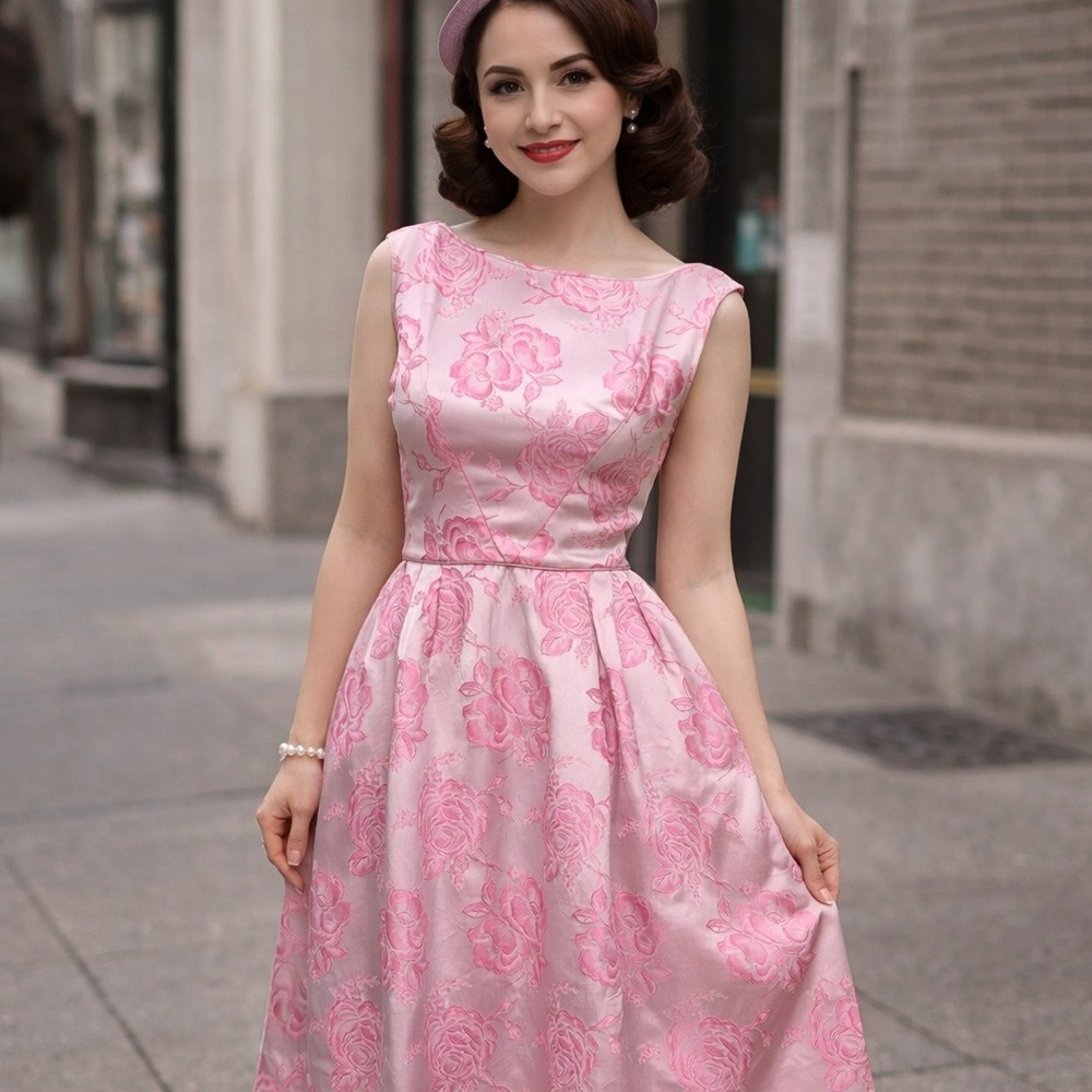Vintage 50s Womens XS Handmade Pink Floral Brocade Fit‎ Flare Dress
